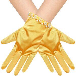 Women's Orange Satin Pearl Short Length Wrist Gloves Wedding Banquet Party Prom